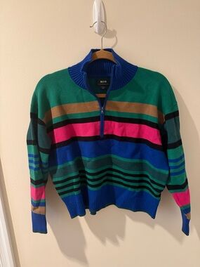 Maeve Multi-Stripe Half-Zip Sweater - Green/Blue/Pink